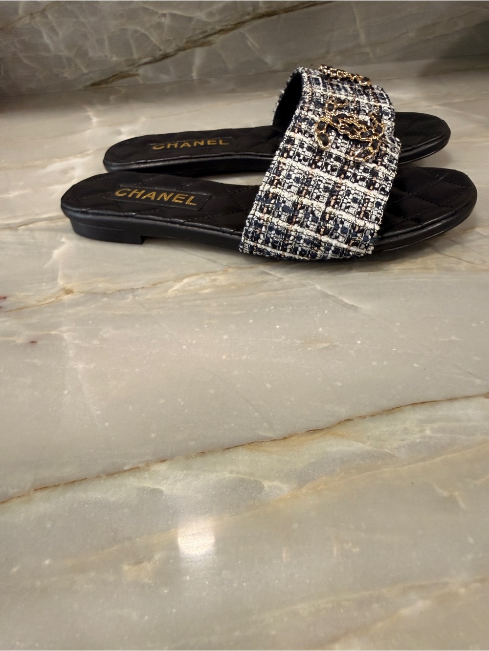 CHANEL Black Quilted Slide Mules with Tweed Strap and Gold CC - Picture 2 of 5